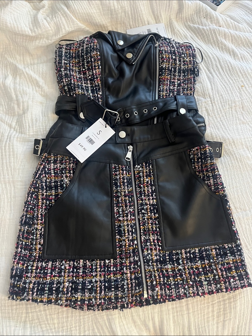 AKIRA Black Faux Leather and Multicolor Tweed Belted Jacket Dress